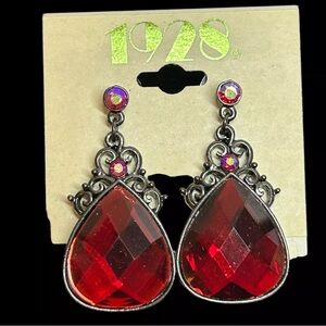 1928 Dangle Earrings New Old Stock Red AB Aurora Borealis Rhinestones Teardrop